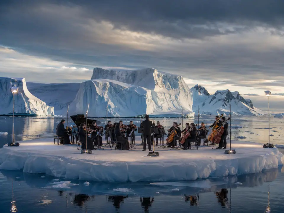 AI-generated fantasy visualization of Antarctica Private Orchestra Premiere, a music selection