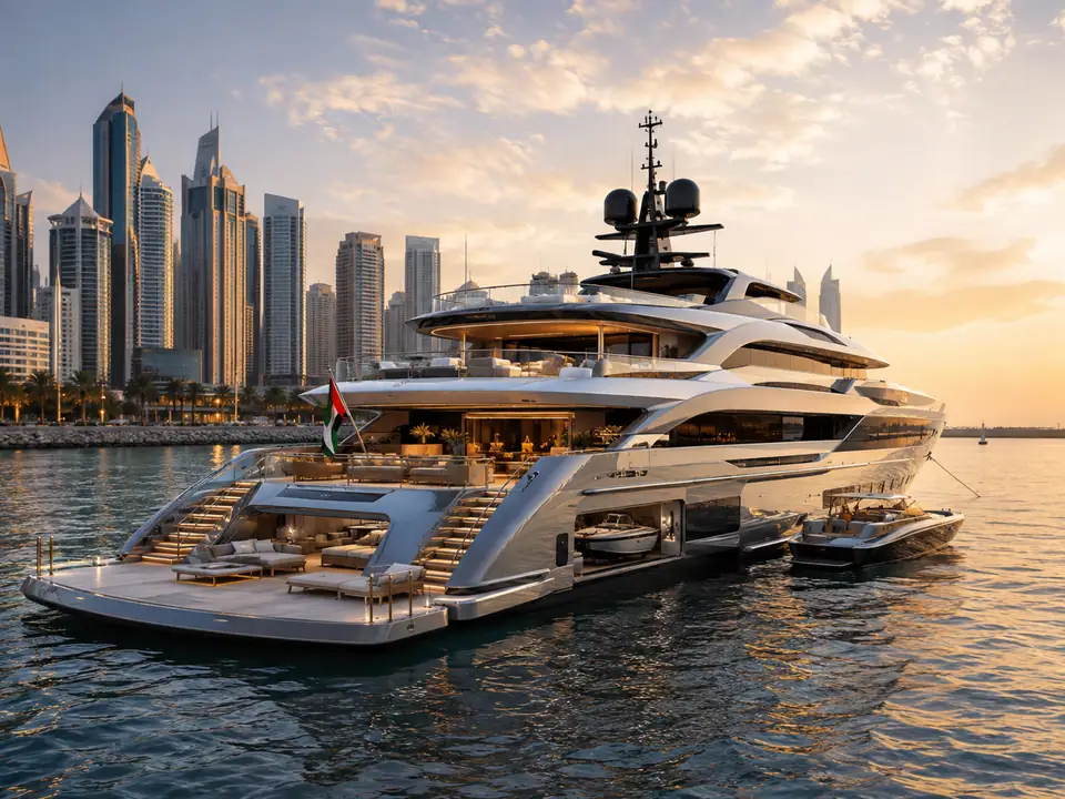 AI-generated fantasy visualization of Dubai Custom Superyacht, a superyacht selection