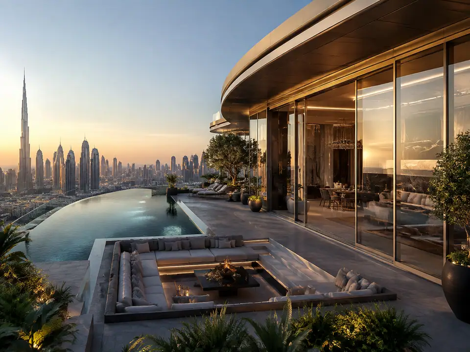 AI-generated fantasy visualization of Dubai Trophy Penthouse, a penthouse selection