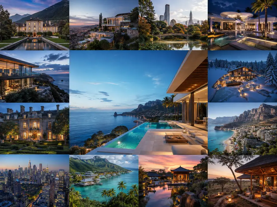 AI-generated fantasy visualization of A Year of Global Super-Prime Homes, a property portfolio selection