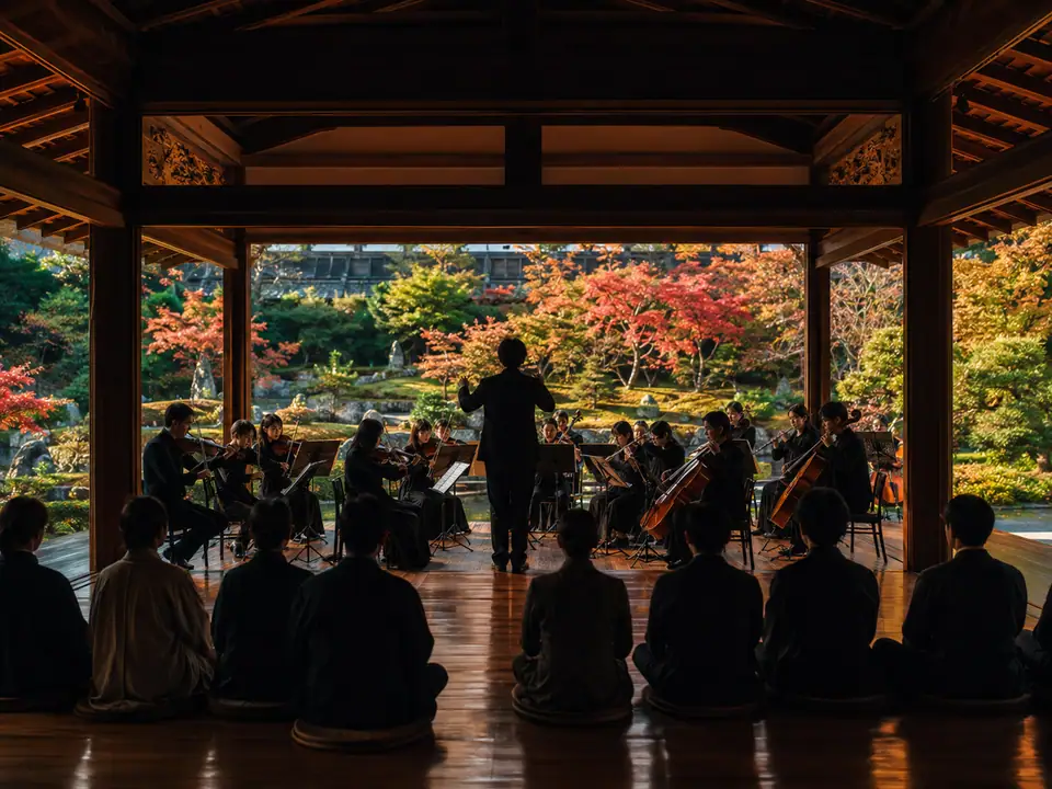 AI-generated fantasy visualization of Kyoto Private Orchestra Premiere, a music selection
