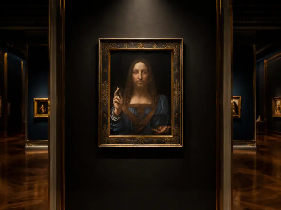 AI-generated fantasy visualization of Leonardo da Vinci’s Salvator Mundi, a old master painting selection