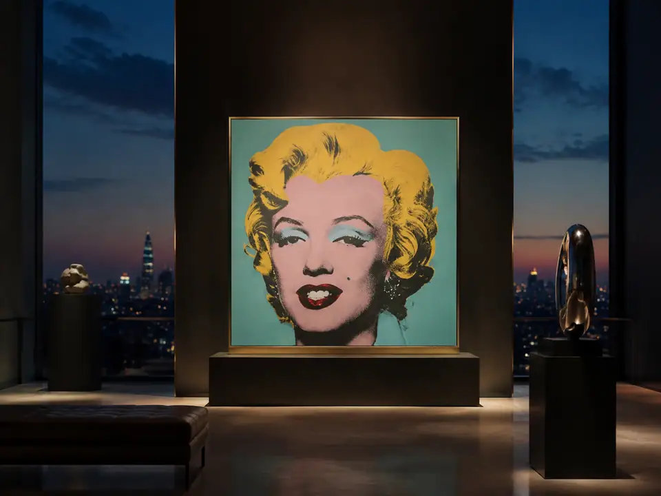 AI-generated fantasy visualization of Warhol’s Shot Sage Blue Marilyn, a post-war painting selection
