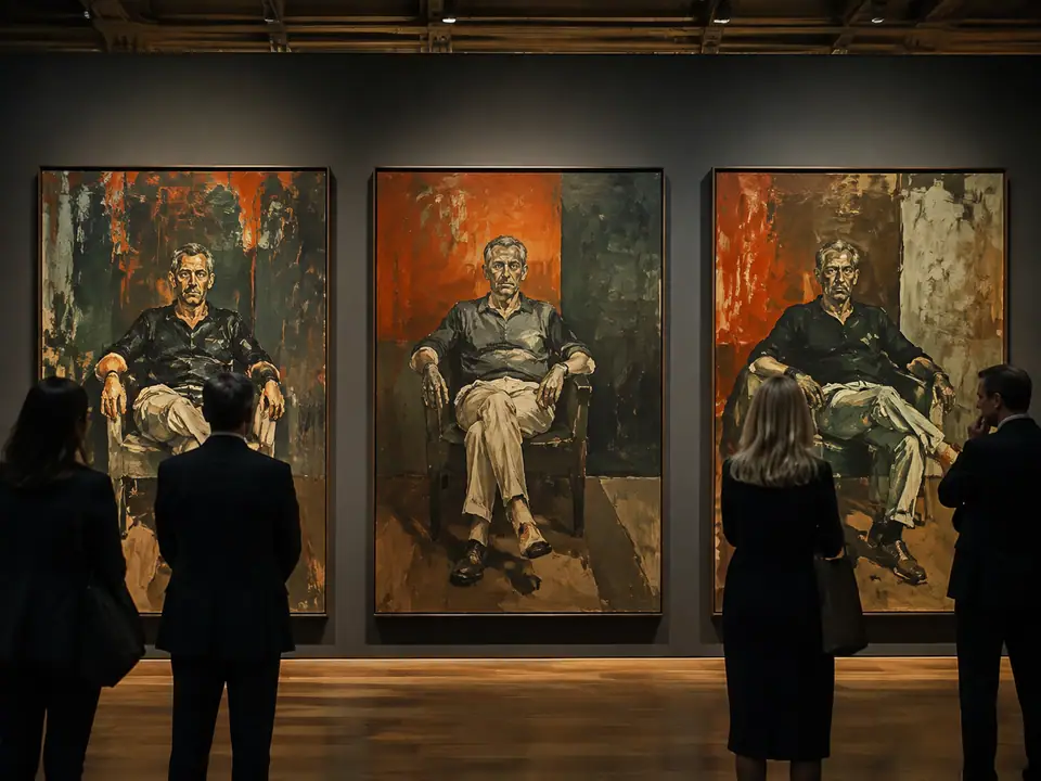 AI-generated fantasy visualization of Bacon’s Three Studies of Lucian Freud, a post-war painting selection