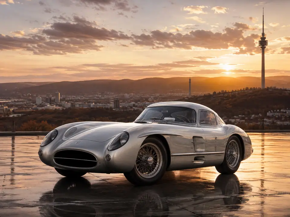 AI-generated fantasy visualization of Mercedes-Benz 300 SLR Uhlenhaut Coupé, a collector car selection